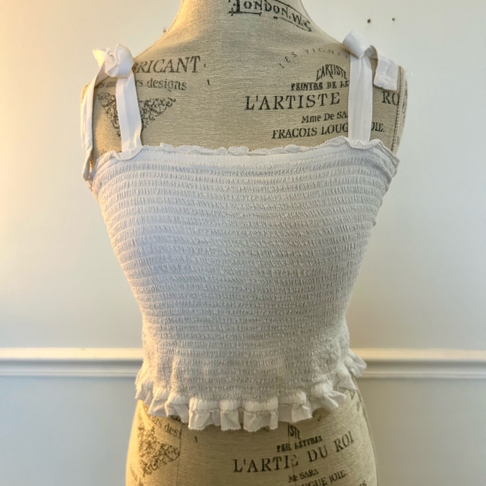 Abercrombie & Fitch White Smocked Tie-Shoulder Ruffle Tank